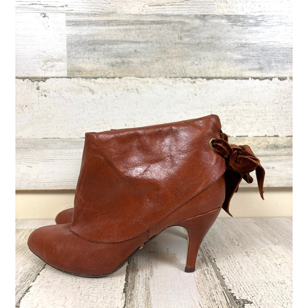 Jeffrey Campbell Womens 9 Vintage Brown Leather Heeled Bootie Velvet Bow Tie